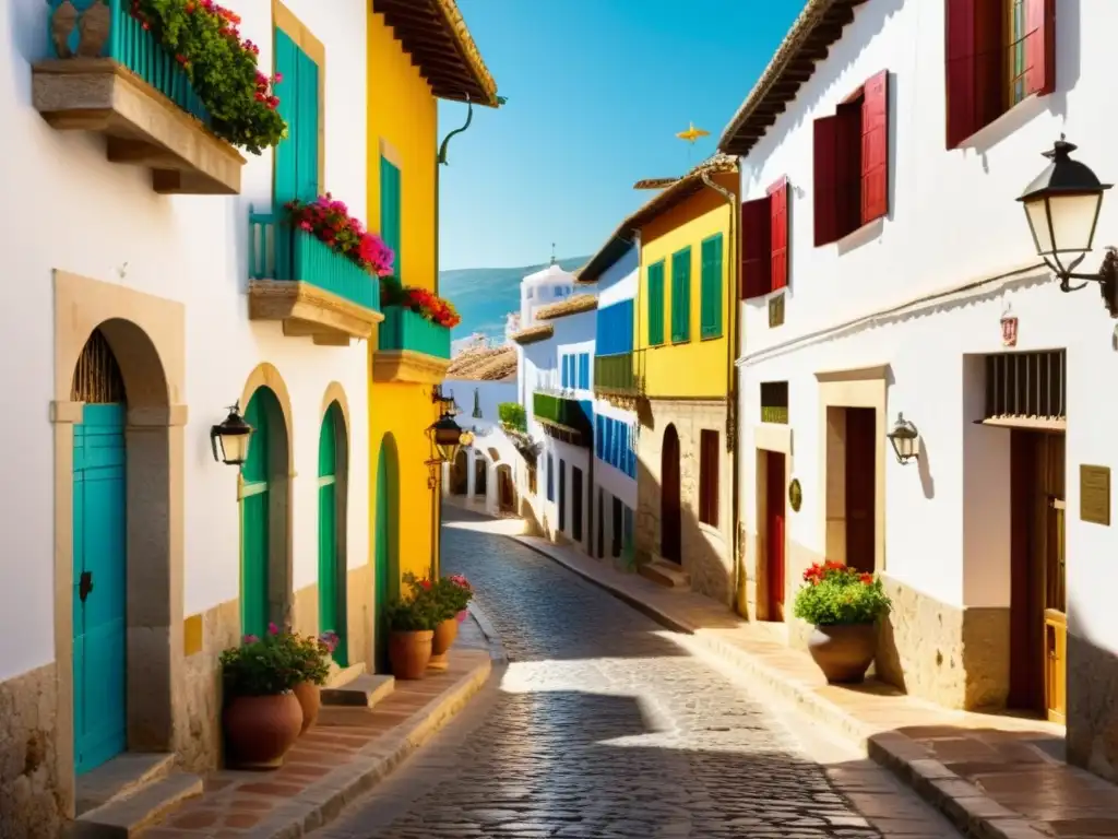 Un pintoresco pueblo español con calles empedradas, edificios blancos y balcones floridos