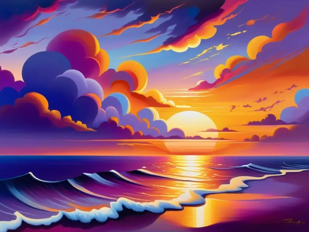 Una pintura abstracta que muestra un vibrante atardecer sobre un sereno océano, con una mezcla de cálidos naranjas, profundos morados y dorados amarillos creando una deslumbrante exhibición de color