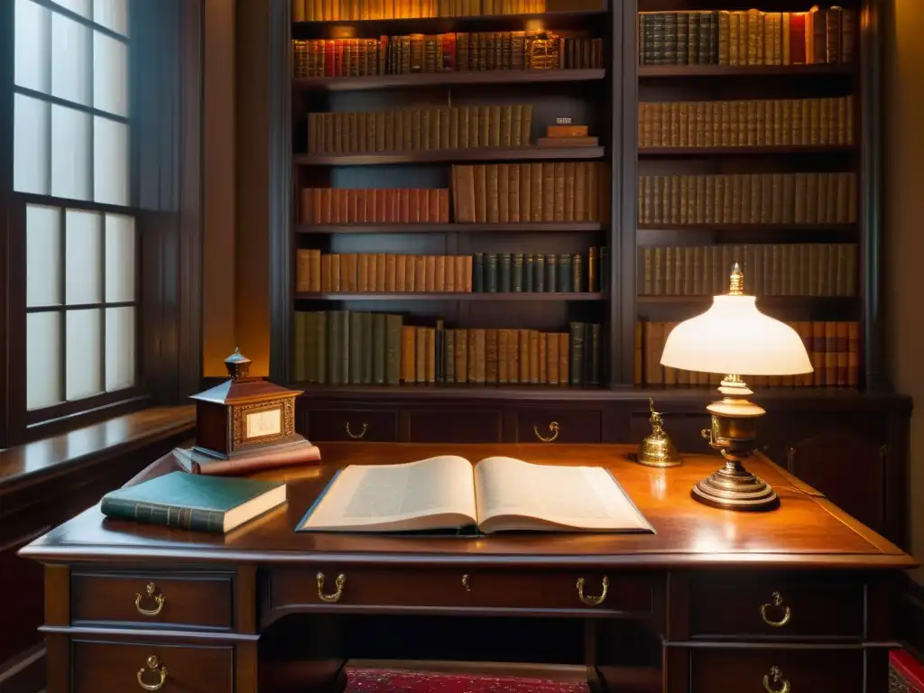 Estudio del siglo XIX con escritura y libros Una pintura detallada en 8k de una estudio del siglo XIX, con escritura y libros, evocando la narrativa del siglo XIX