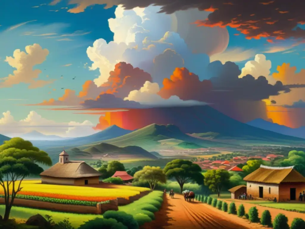 Pintura detallada de paisaje rural latinoamericano del siglo XIX, con gran realismo