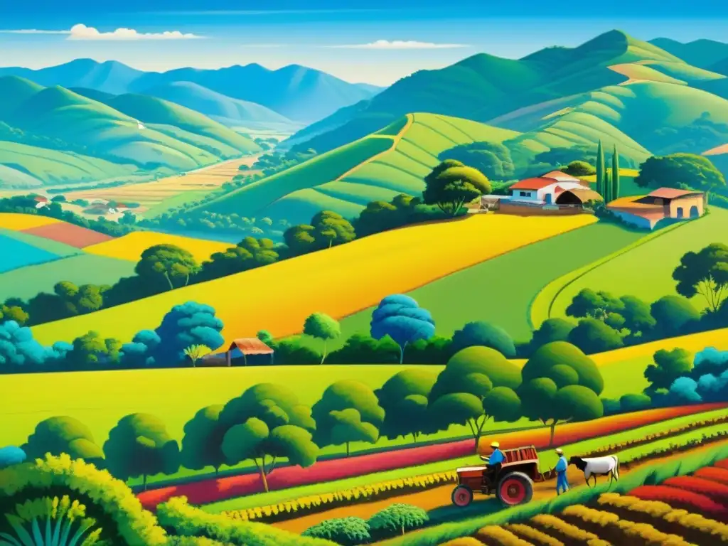 Una pintura detallada y vibrante de un paisaje rural latinoamericano, con colinas, vegetación exuberante y cielo azul