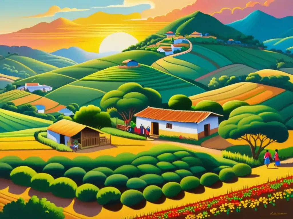 Una pintura detallada y vibrante de un paisaje rural latinoamericano, con colinas verdes, atardecer colorido y casas de adobe