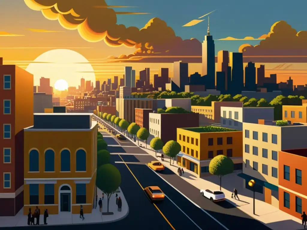 Una pintura digital detallada de una ciudad moderna bañada en luz dorada al atardecer, con simbolismo bíblico