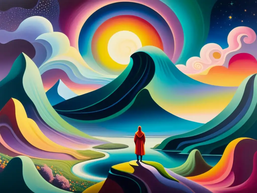 Una pintura de paisaje surrealista y poético, con colores vibrantes y formas enigmáticas que invitan a explorar el subconsciente