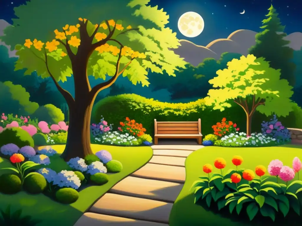 Una pintura de un jardín tranquilo iluminado por la luna, con flores exuberantes y una pareja en íntima conversación