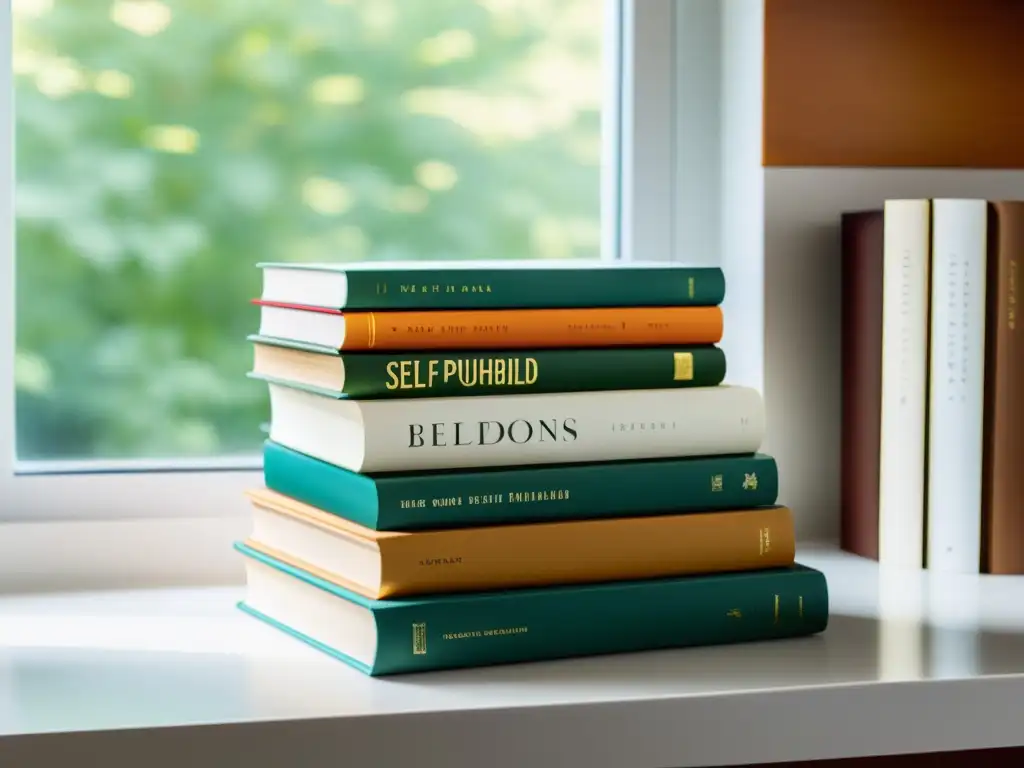 Plan de lanzamiento libro autoeditado: Pila de libros autodidactas con vibrantes portadas, sobre mesa blanca iluminada por luz natural