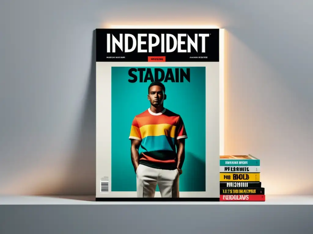 Plataforma digital para distribuir revistas independientes: Una elegante y moderna estantería de revistas independientes con diseños llamativos y colores vibrantes, destacando en un fondo blanco limpio