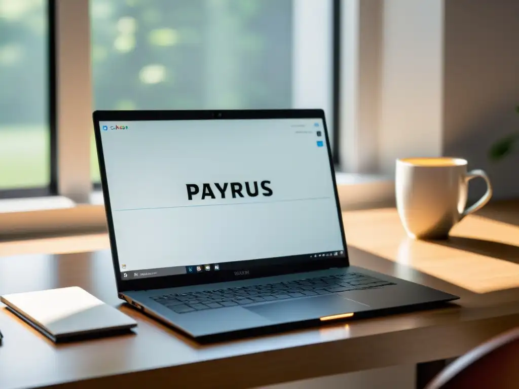 Plataforma Papyrus Author para escritores: Laptop moderno con interfaz en pantalla, en un entorno tranquilo y enfocado, con luz natural suave