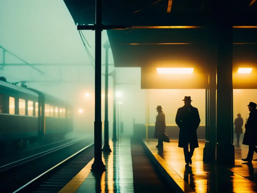 Plataforma de tren con niebla, pasajeros en silueta, ambiente misterioso y tenso para construir suspenso en literatura