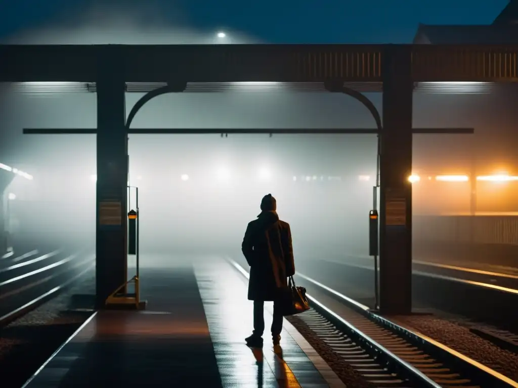 En una plataforma de tren solitaria en la noche, una figura misteriosa bajo una luz intermitente en medio de la niebla