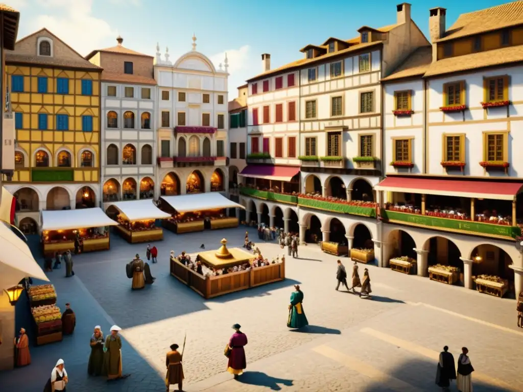 Plaza renacentista llena de vida y actividad, con arquitectura grandiosa y participación social