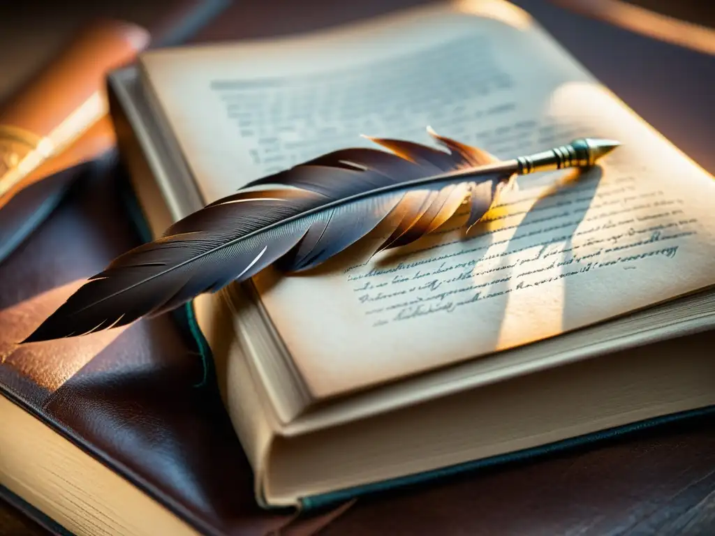 Una pluma antigua descansa sobre un libro de cuero envejecido, iluminada por luz natural