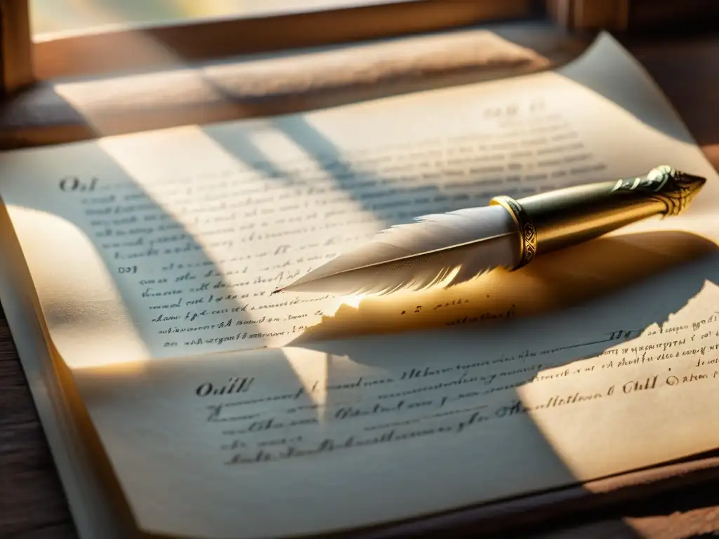 Una pluma antigua descansa sobre un manuscrito envejecido, iluminado por la luz dorada