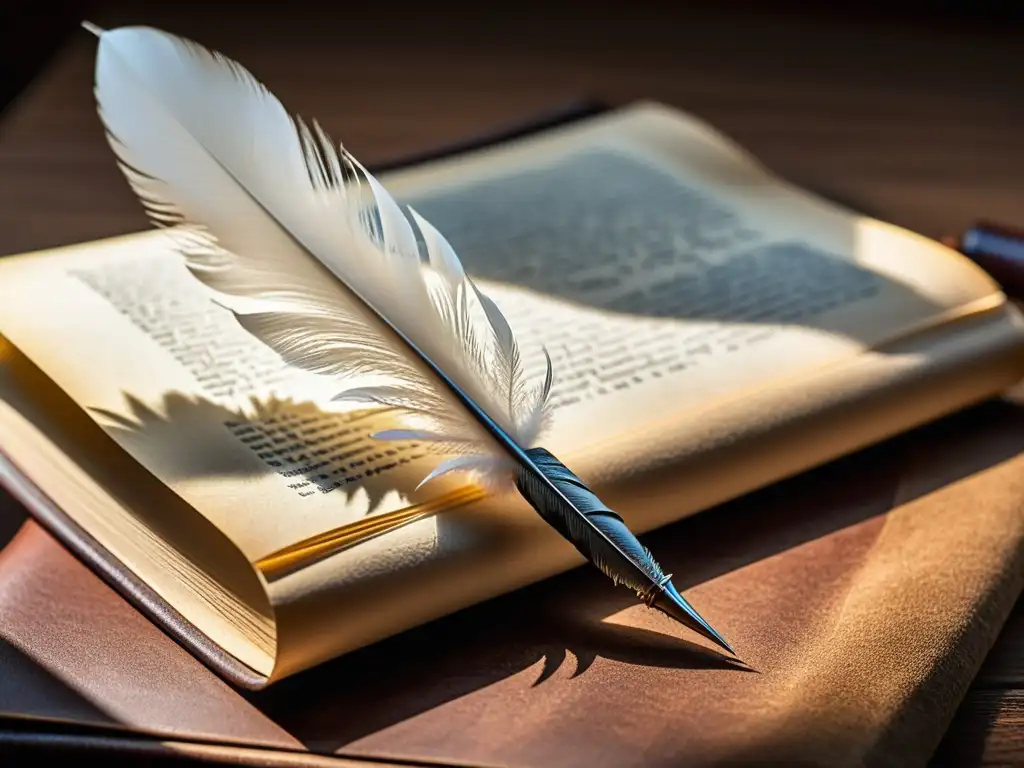 Una pluma de ave sobre un diario de cuero, listo para escribir consejos escritura ficción histórica