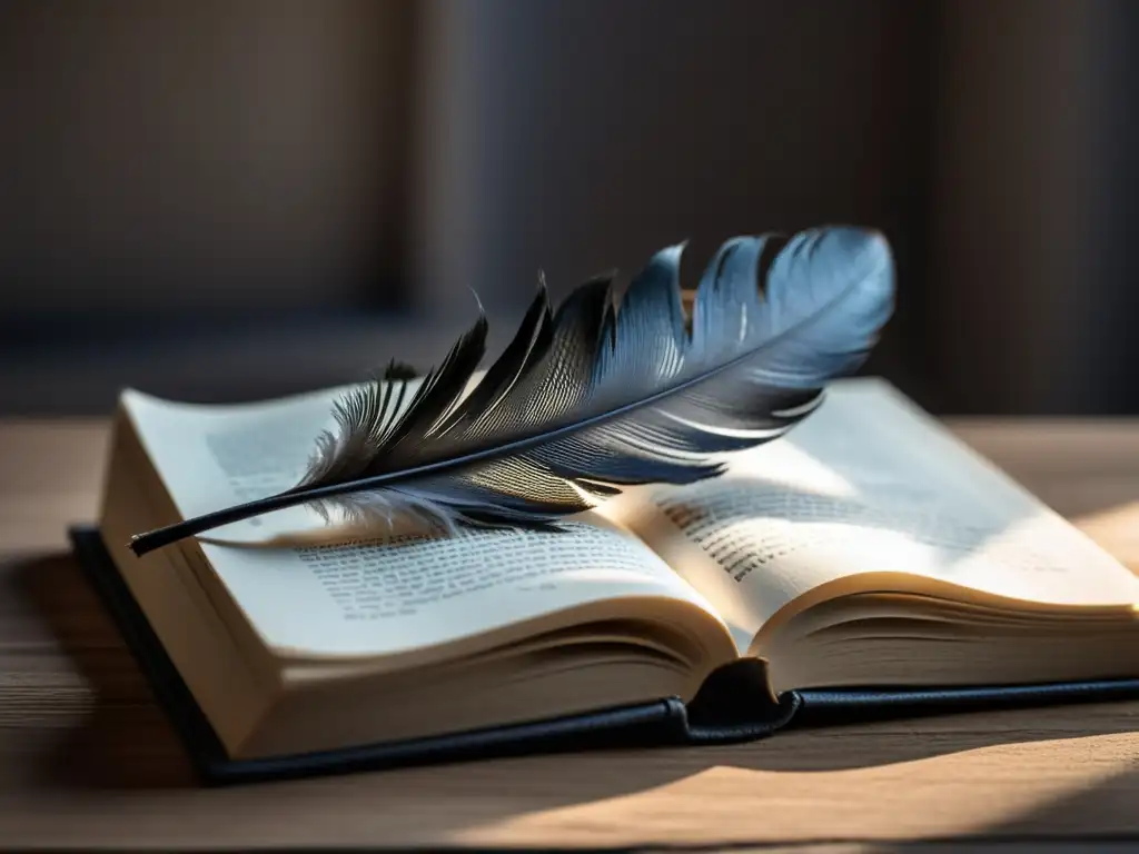 Pluma de ave reposando en libro abierto, detalle y textura nítidos