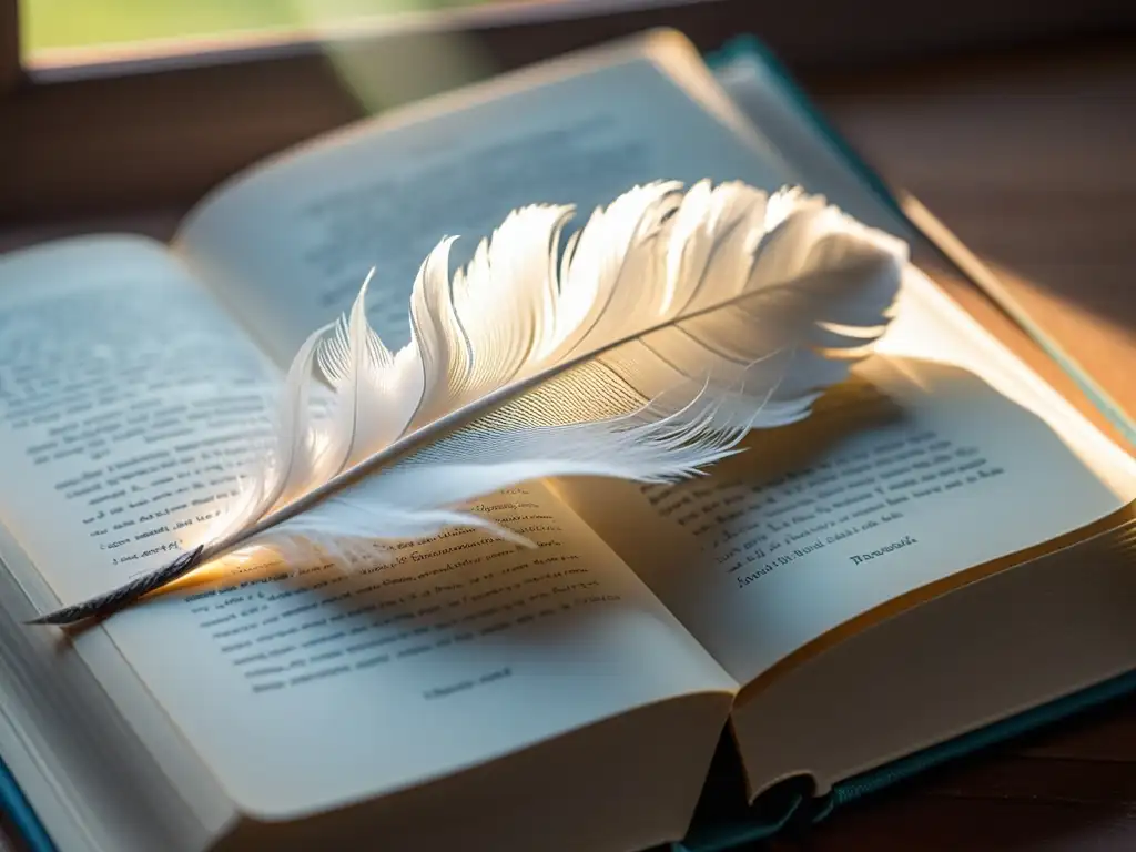 Pluma blanca sobre libro abierto con luz suave, evocando lirismo en la prosa