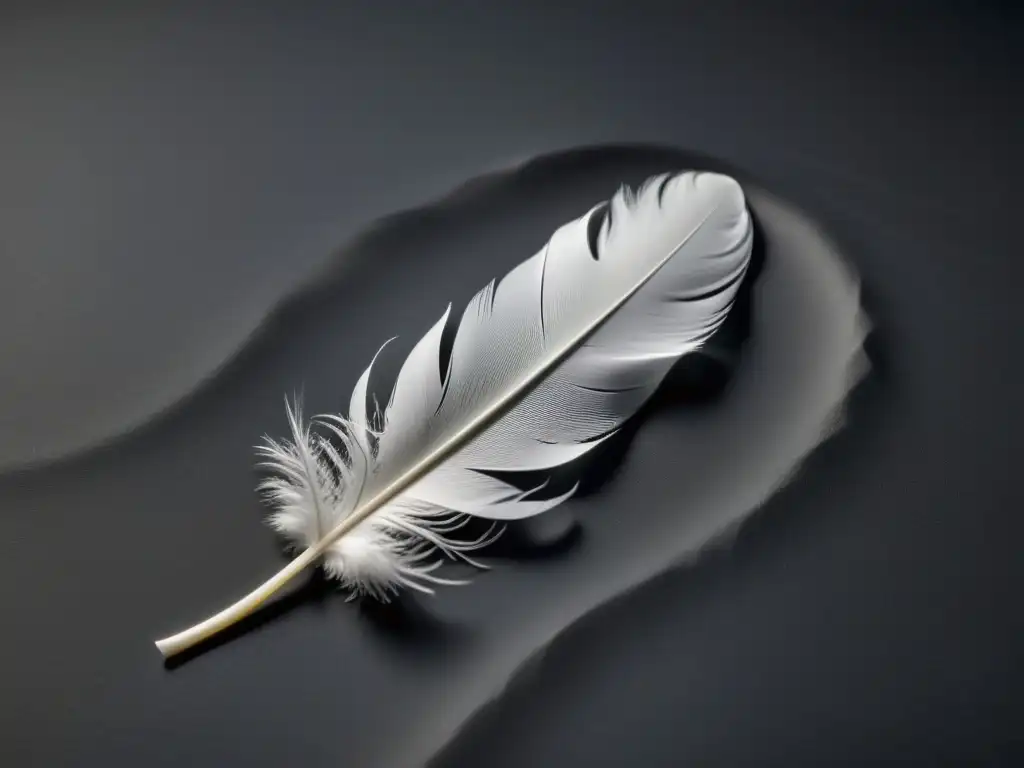 Una pluma blanca solitaria descansa sobre una superficie negra lisa, evocando el minimalismo poético con su elegante simplicidad y delicados detalles