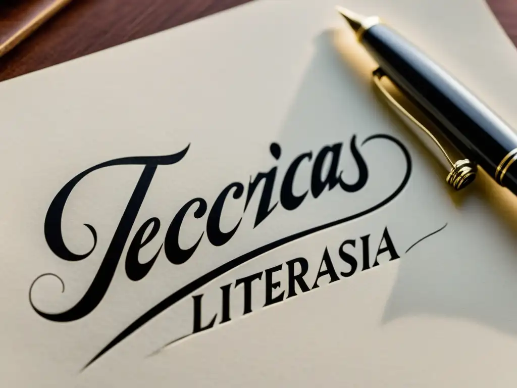 Una pluma de caligrafía crea 'Origen etimológico de la poesía' en un pergamino, evocando la belleza y el arte de las técnicas literarias en la poesía