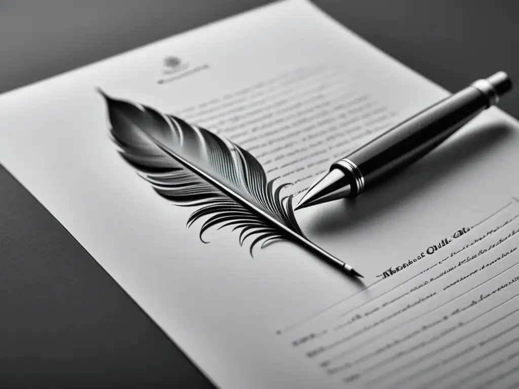 Una pluma clásica en blanco y negro sobre papel, evocando la etimología de la estructura poética con elegancia y creatividad