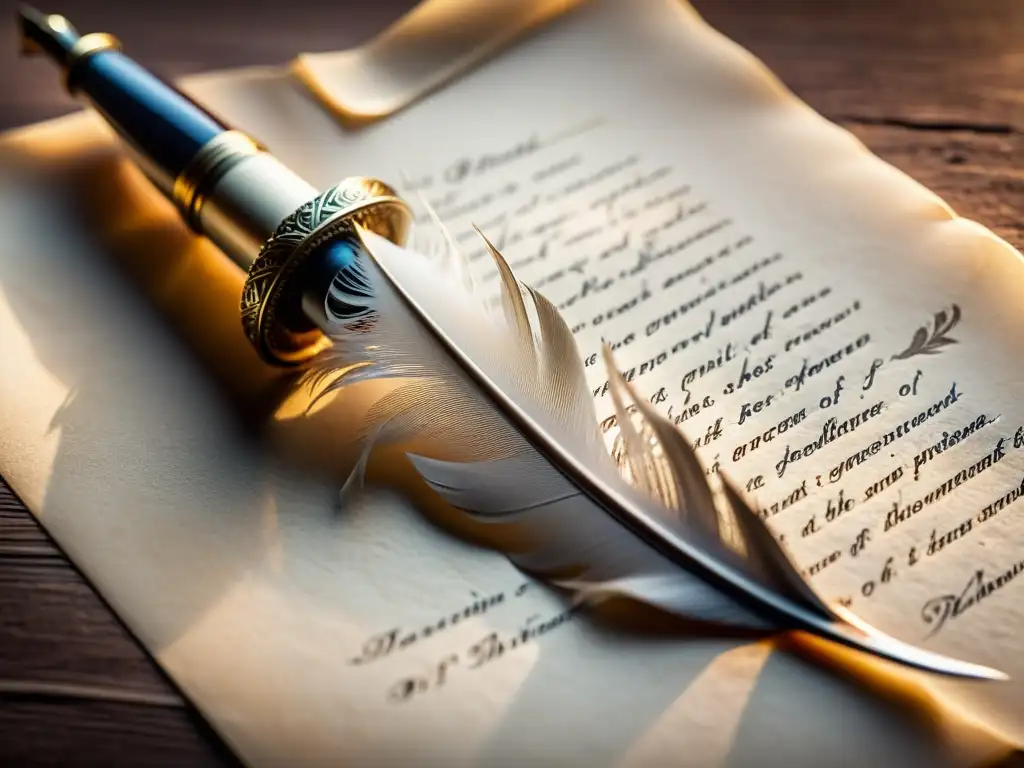 Una pluma de escribir se posa con elegancia sobre un pergamino, evocando el espíritu del género literario Renacimiento