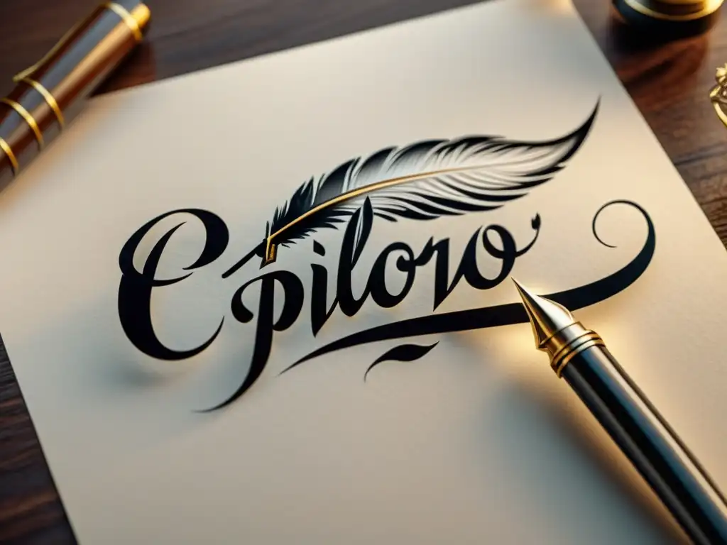 Una pluma delicadamente escribe 'epílogo' en caligrafía, capturando la esencia literaria