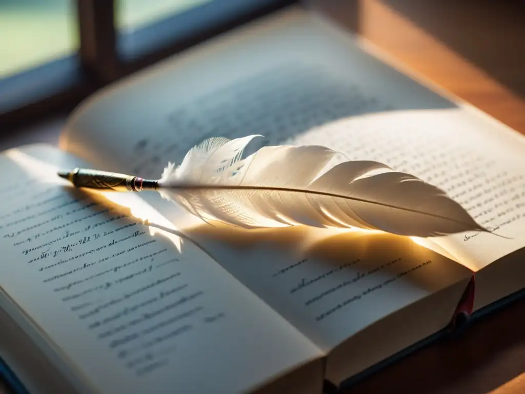 Una pluma de escritura descansa sobre un libro abierto con elegantes ilustraciones y caligrafía, bañados por luz natural