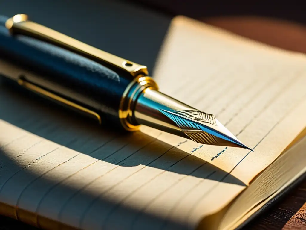 Una pluma estilográfica vintage descansa sobre un cuaderno de cuero desgastado, evocando elegancia atemporal