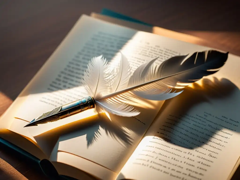 Una pluma descansa sobre un libro abierto, iluminada por una suave luz, evocando la semántica de la alusión literaria