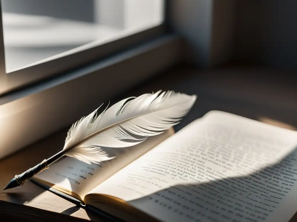 Una pluma descansa sobre un libro abierto, iluminada por luz natural, evocando la imitación de clásicos en escritura