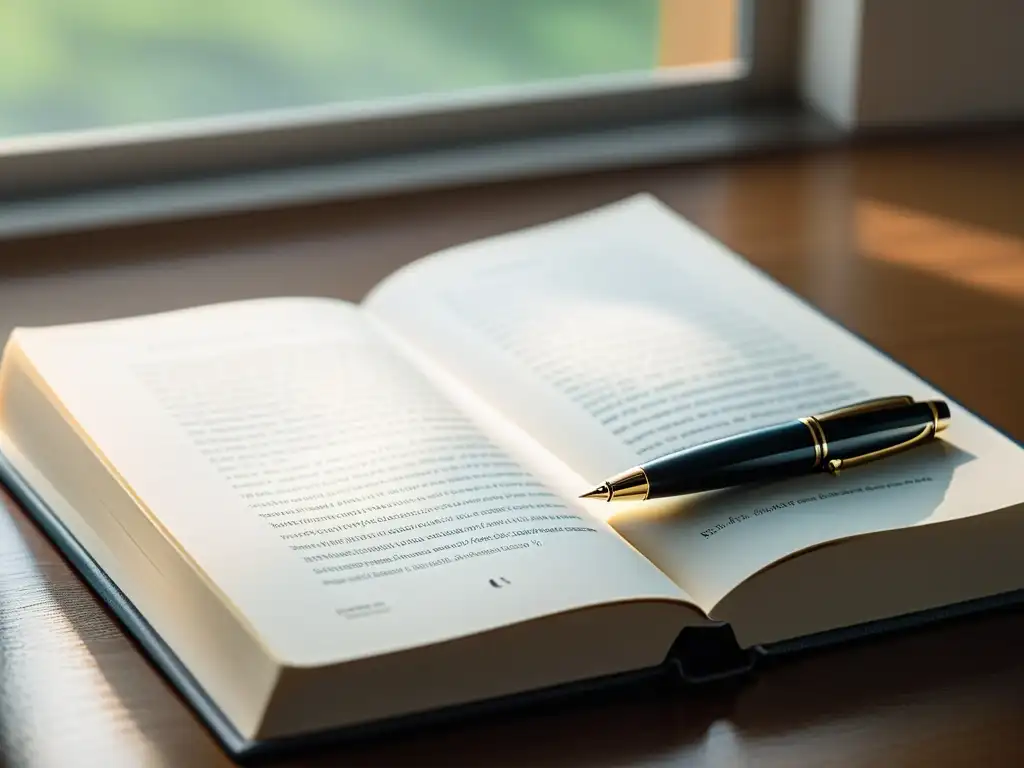 Una pluma reposa sobre un libro abierto con luz natural