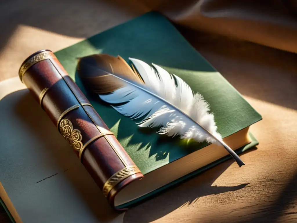 Una pluma descansa sobre un libro de cuero envejecido, iluminado por luz natural, evocando la historia y 'Orígenes y evolución de la novela histórica'