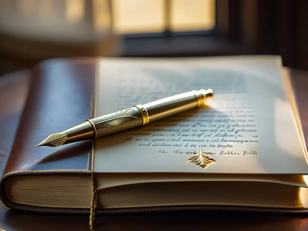 Una pluma de escribir descansa sobre un libro de cuero envejecido con filigrana dorada, creando una atmósfera serena