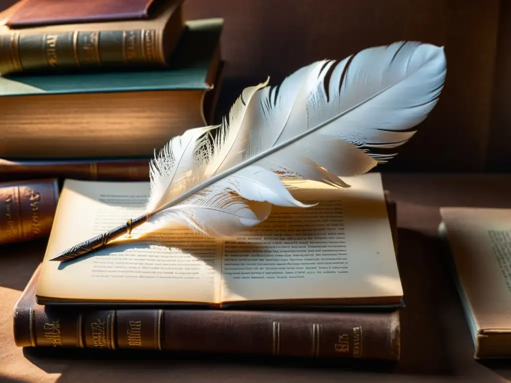 Pluma descansando en libros antiguos iluminados por luz natural, evocando elegancia literaria para técnicas creación sinopsis atractiva