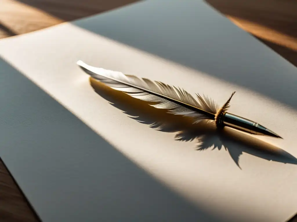 Una pluma descansa sobre papel en blanco, iluminada suavemente