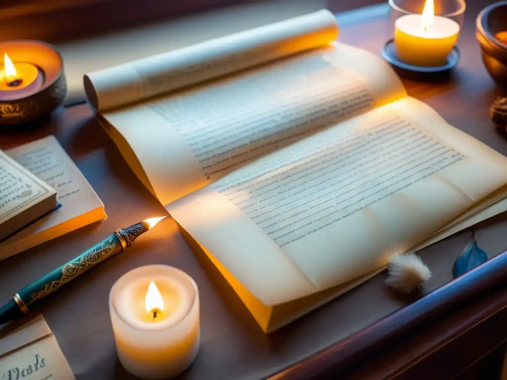 Pluma y pergamino con caligrafía histórica en estudio con luz de velas y libros antiguos