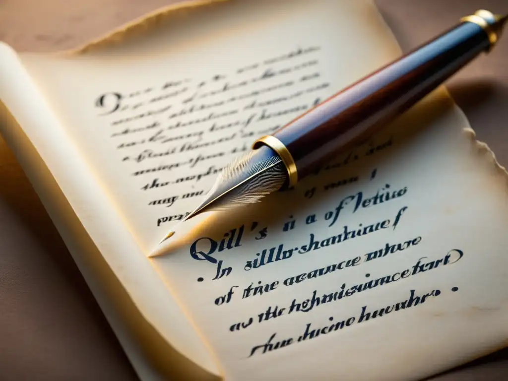 Una pluma descansa sobre un pergamino con caligrafía renacentista, evocando las técnicas poéticas del Renacimiento con su elegancia y detalle