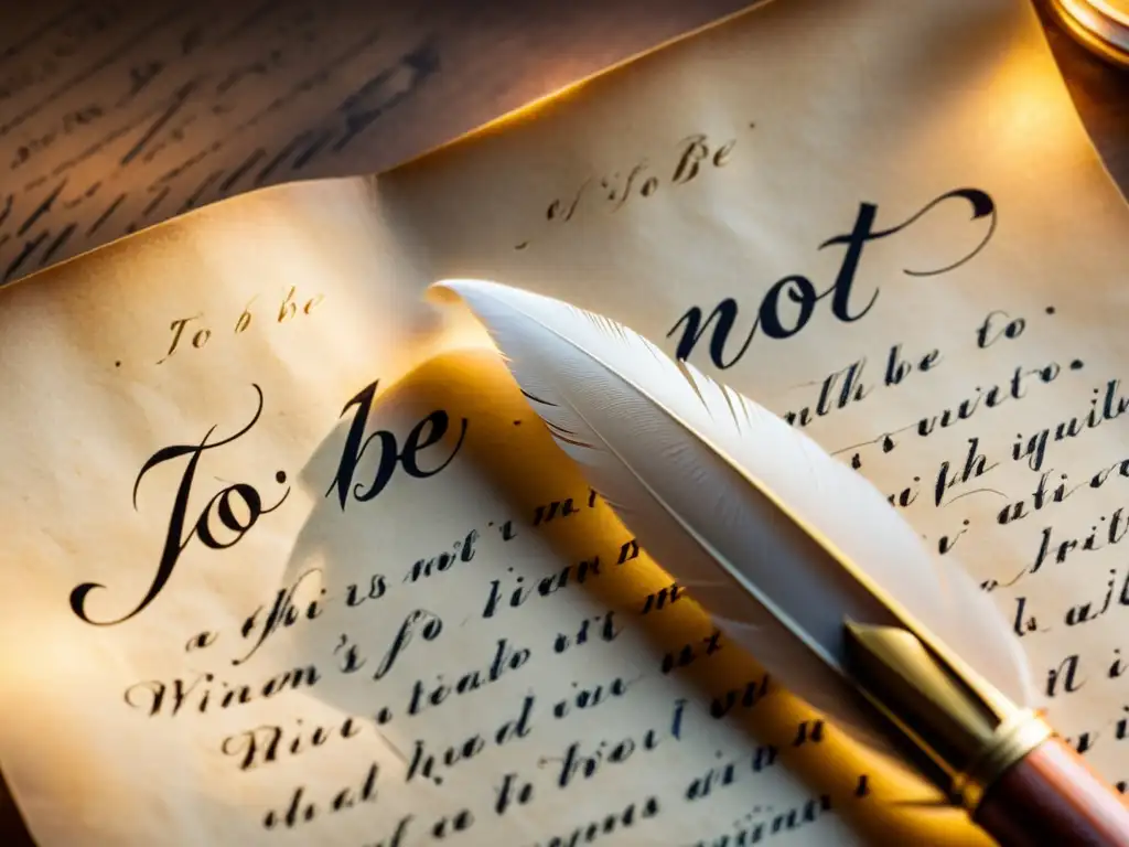 Una pluma de escribir descansa sobre un pergamino vintage con caligrafía que dice 'To be or not to be'