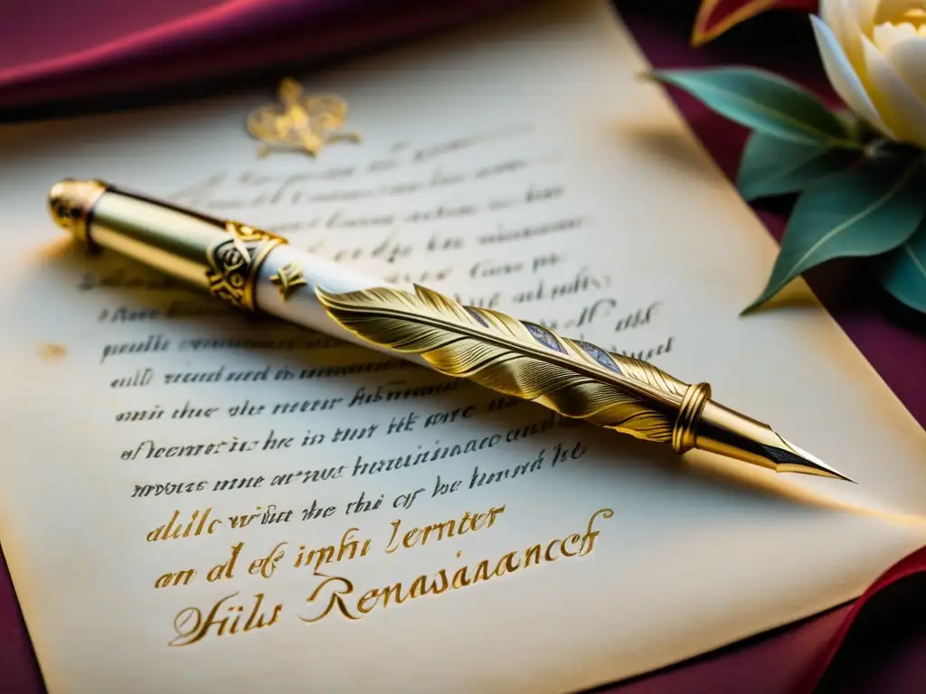 Pluma renacentista escribiendo soneto: poesía y elegancia Una pluma renacentista escribe un soneto en elegante caligrafía, iluminada por la tenue luz de las velas