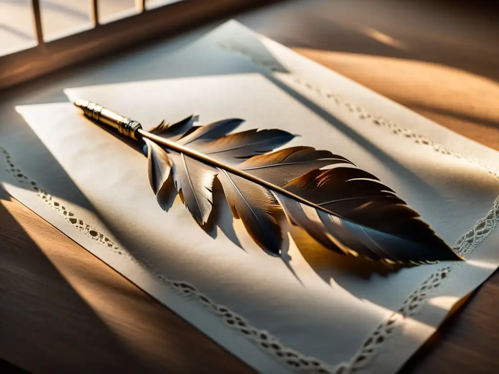 Una pluma tradicional descansa sobre un pergamino en blanco, iluminada por luz natural