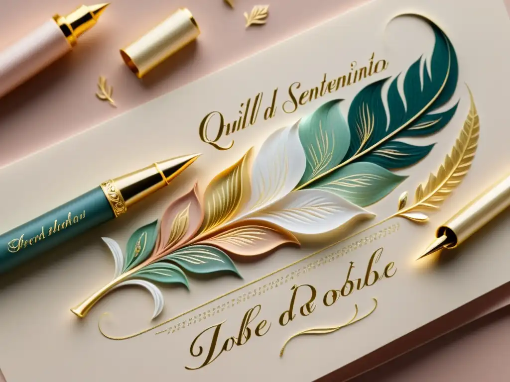 Una pluma delicadamente traza versos del Renacimiento con doble sentido en elegante caligrafía dorada, rodeada de motivos florales sutiles