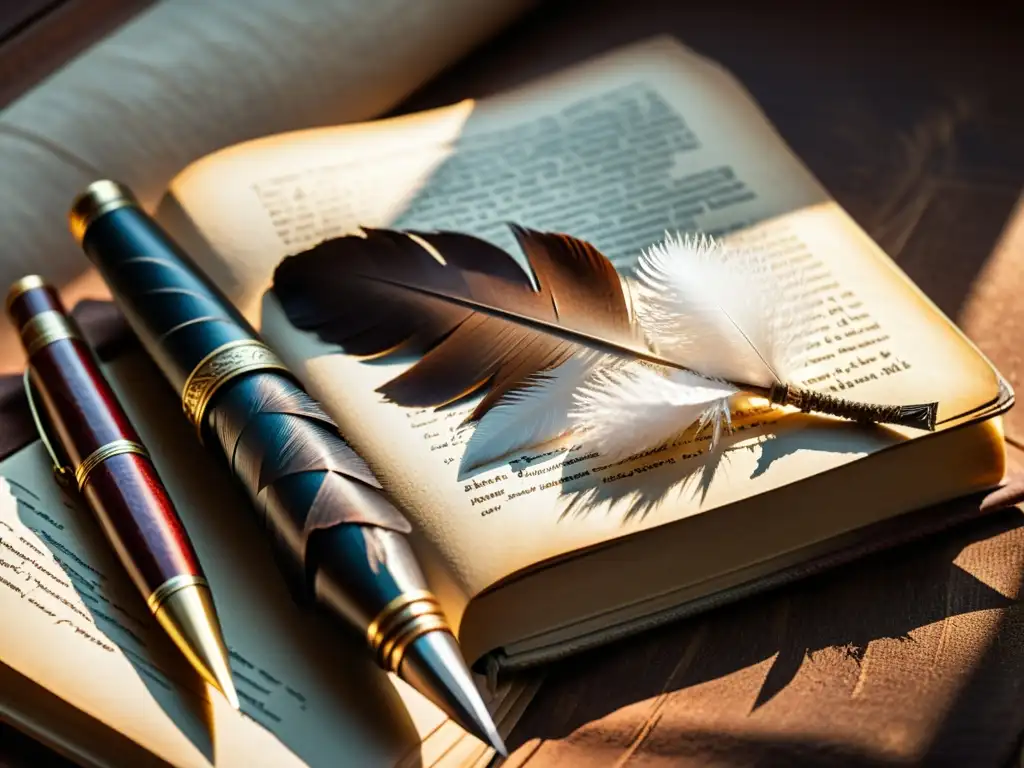 Una pluma vintage descansa sobre un libro de cuero envejecido, iluminada por una luz suave