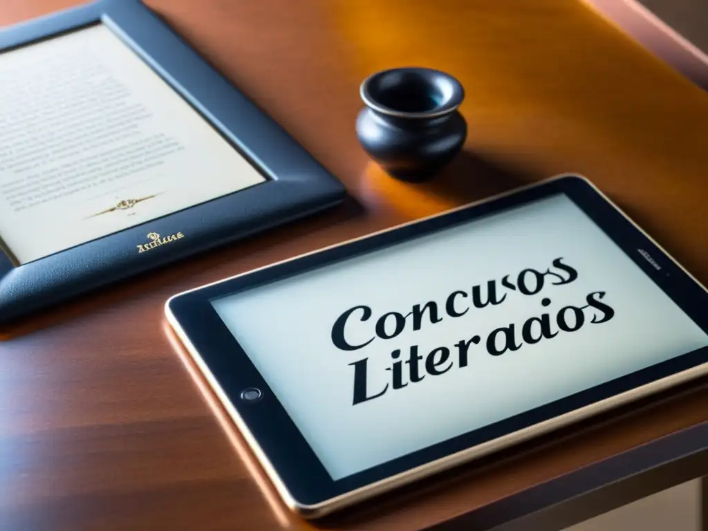 Una pluma vintage y una tablet moderna sobre un escritorio minimalista, simbolizando el impacto era digital concursos literarios