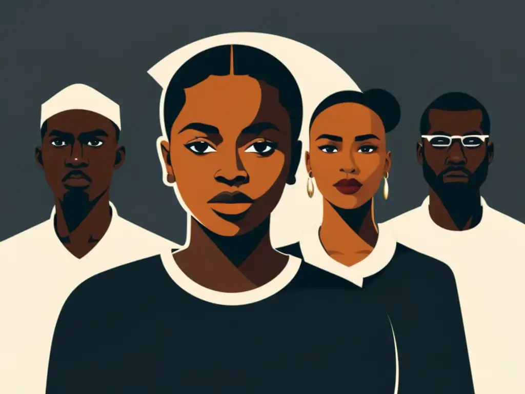 Un poderoso dibujo en blanco y negro de un grupo de personas de ascendencia africana, unidos y con expresiones desafiantes