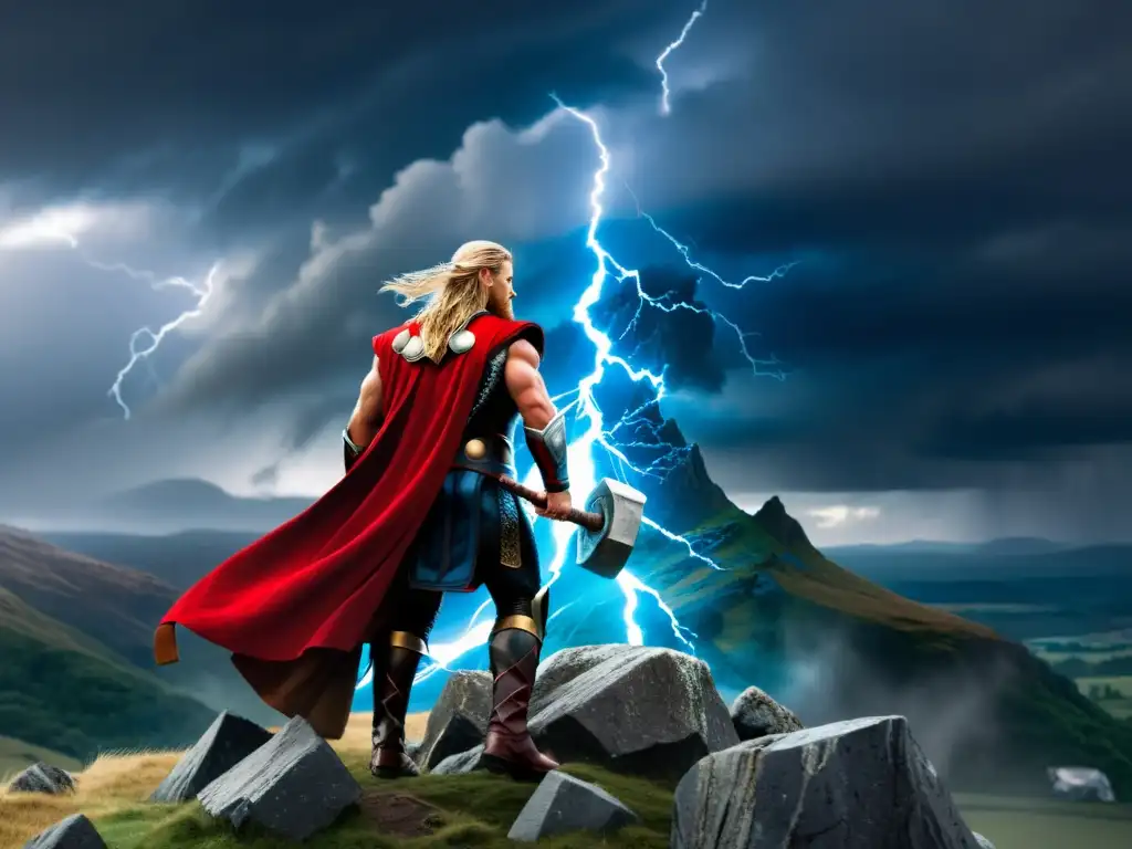 Thor, el poderoso dios nórdico, con su martillo Mjolnir, en la cima de una montaña tormentosa