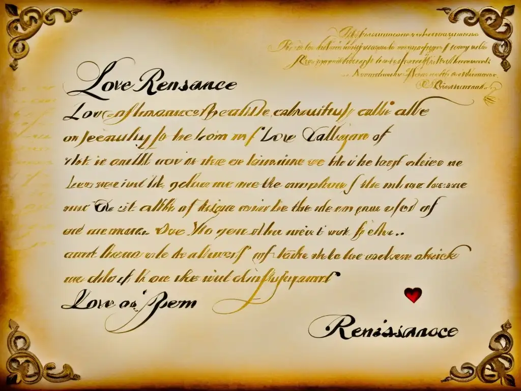 Una poesía renacentista escrita en elegante caligrafía sobre pergamino envejecido, capturando la perspectiva del amor en versos renacentistas