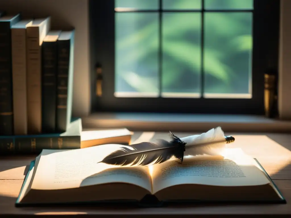 Intersección entre poesía y filosofía: Imagen serena con pluma, piedra filosofal y libros de poesía en suaves tonos de blanco y negro