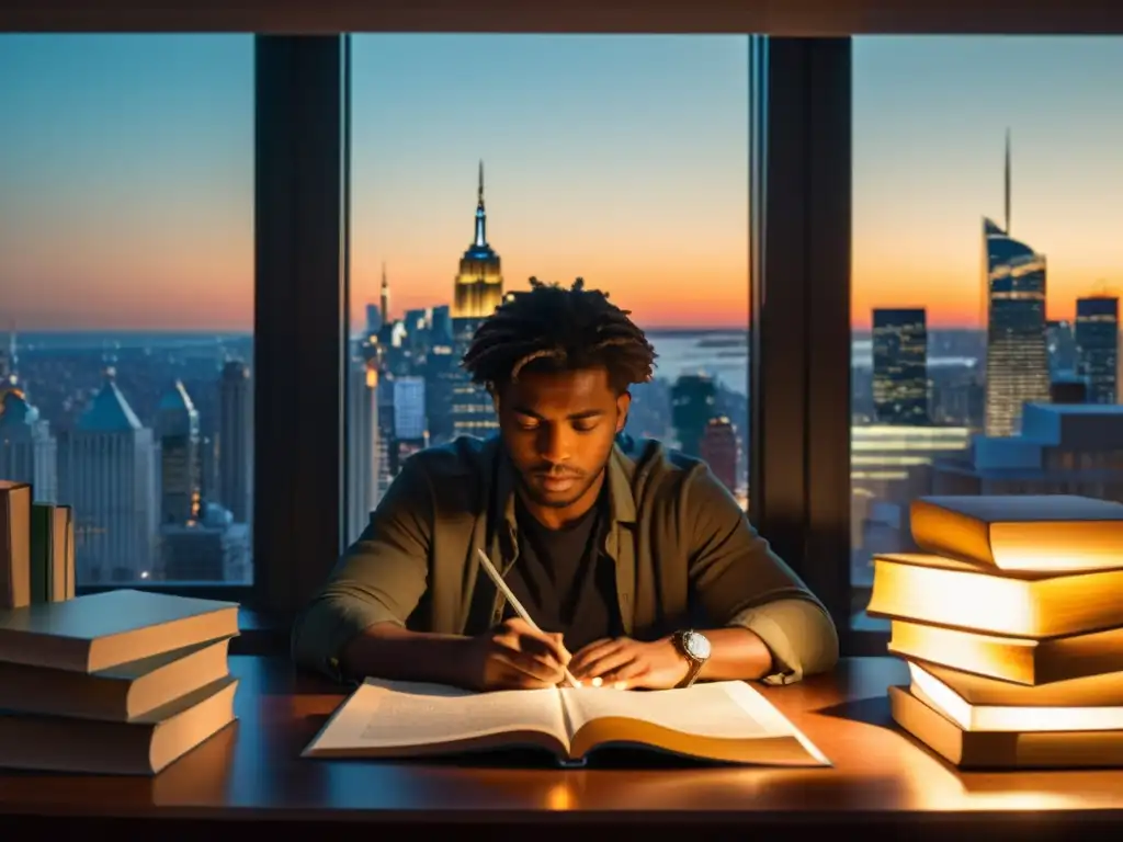 Un poeta contemporáneo reflexivo en su estudio, mirando la ciudad desde su ventana, con libros y papeles a su alrededor