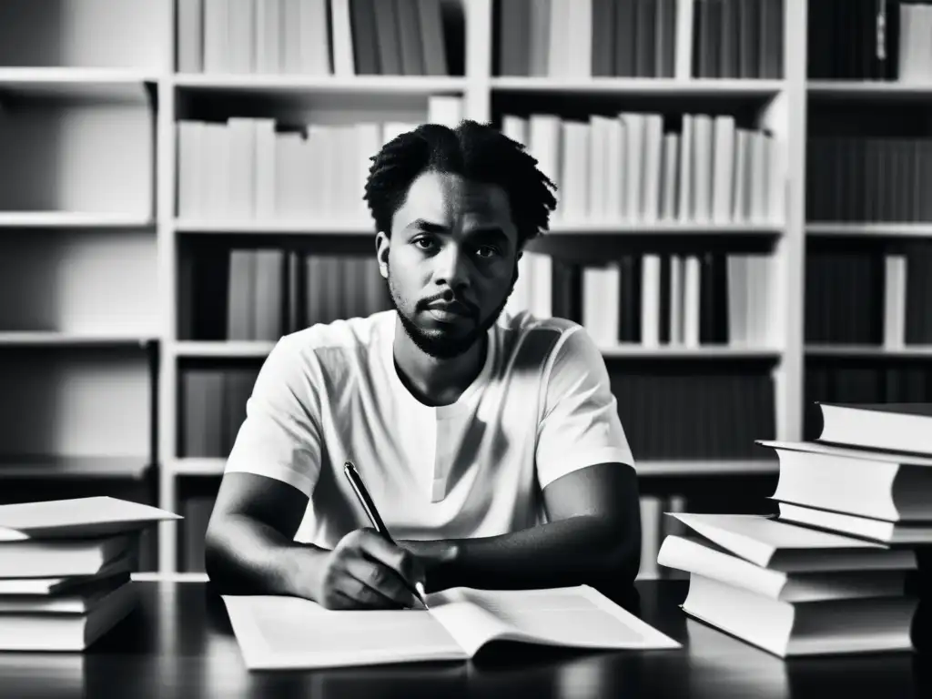 Poeta contemporáneo inspirado en su escritura Poeta contemporáneo reflexivo rodeado de libros, listo para crear, en una imagen minimalista en blanco y negro