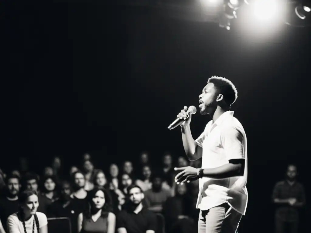 Un poeta de spoken word en el escenario, gestos apasionados con el micrófono, fondo difuminado