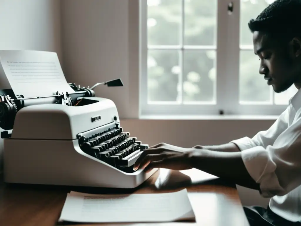 Poeta inspirado creando versos como vanguardia poesía en su máquina de escribir, con luz natural entrando por la ventana